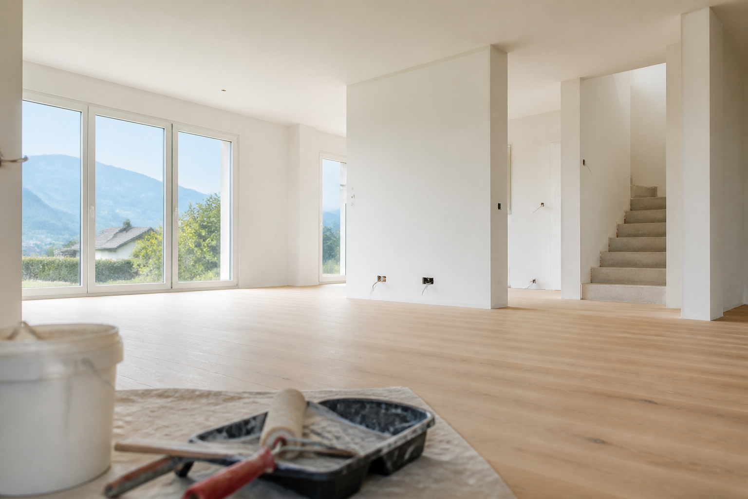 Renovationsraum mit Malerwerkzeug und Blick auf die Berge